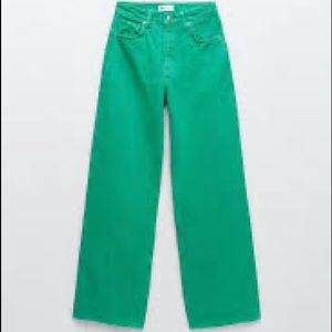 Zara - Solid Green Full Length Hi Rise Wide Leg Jeans